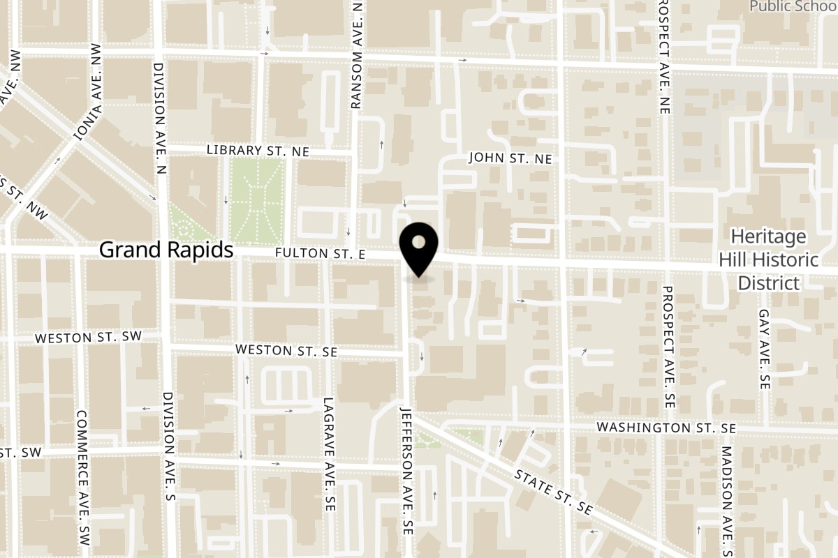 Map showing the location of Char on 6 Jefferson Ave SE in Grand Rapids